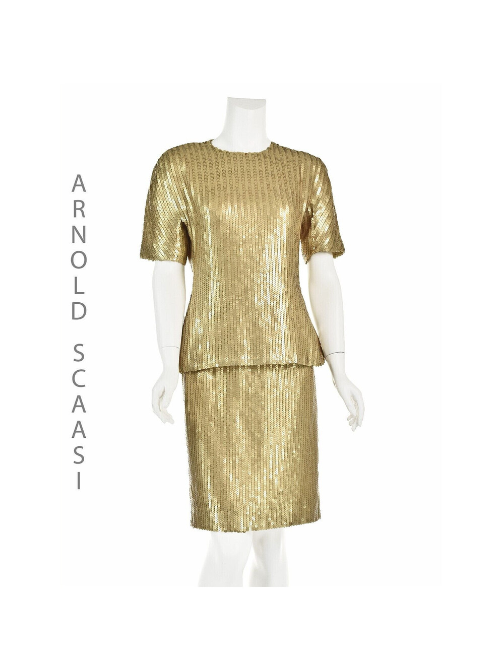 ARNOLD SCAASI Rare 1960s Couture 2-Pc Dress Covered in Matte Gold Paillettes SZM